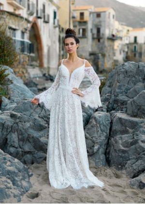 Cold Shoulder Ivory Lace Tie Back Wedding Dress